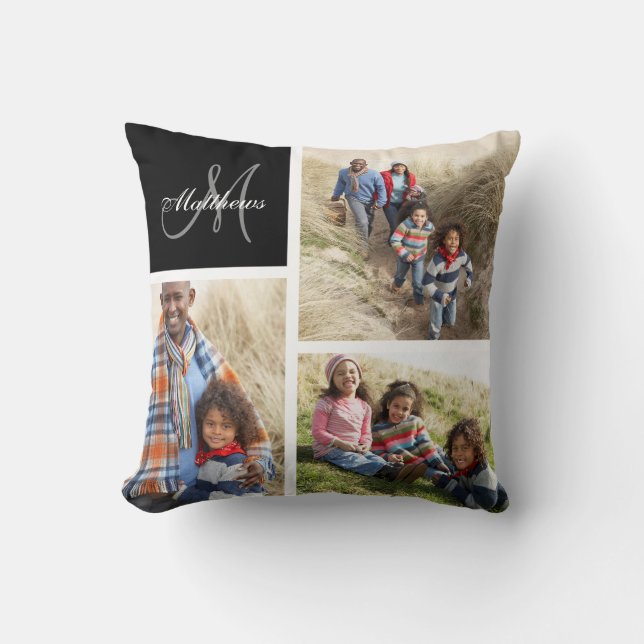 Custom Family Monogram Black Photo Collage Pillow (Front)