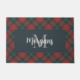 Custom Family Monogram Merry Christmas Red Plaid  Doormat