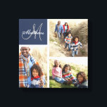 Custom Family Monogram Photo Collage Canvas Print<br><div class="desc">Custom Family Monogram Photo Collage Canvas Print | Preppy Navy Blue. Elke Clarke © for Monogram Gallery. Elegant monogrammed canvas wall art print template you can customize with 3 (three) of your own family photos arranged in a photo collage. Personalize with your family's last name written in a white script...</div>