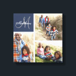 Custom Family Monogram Photo Collage Canvas Print<br><div class="desc">Custom Family Monogram Photo Collage Canvas Print | Preppy Navy Blue. Elke Clarke © for Monogram Gallery. Elegant monogrammed canvas wall art print template you can customize with 3 (three) of your own family photos arranged in a photo collage. Personalize with your family's last name written in a white script...</div>