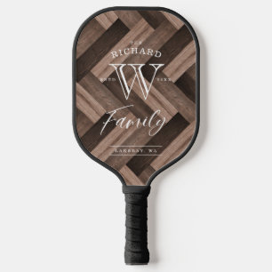 Custom Family Monogram Wood Herringbone Pattern Pickleball Paddle