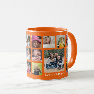 Custom Family Name  22 Photo Collage Orange Mug