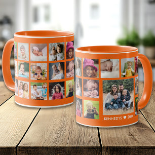 Custom Family Name 22 Photo Collage Orange Mug