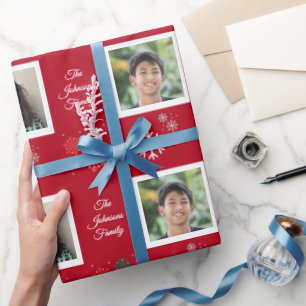 Custom Family Name & 5 Photo Pet Christmas Festive Wrapping Paper
