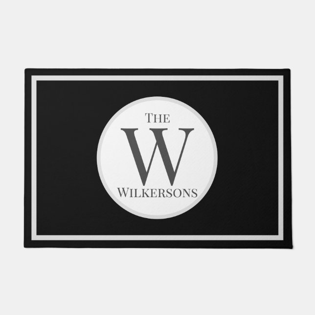 Custom Family Name and Initial on Black and Grey Doormat (Front)