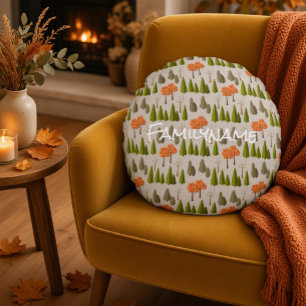 Custom Family Name Autumn Tree Pattern Round Pillow