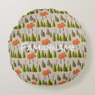 Custom Family Name Autumn Tree Pattern Round Pillow