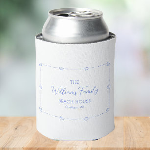 Custom Family Name Beach House Coastal Blue Shell Can Cooler