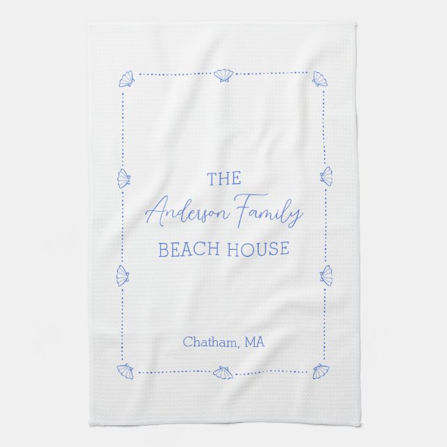 Custom Family Name Beach House Coastal Blue Shell Kitchen Towel (Vertical)