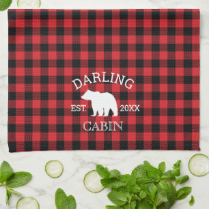 Custom Family Name Bear Buffalo Check Rustic Kitchen Towel