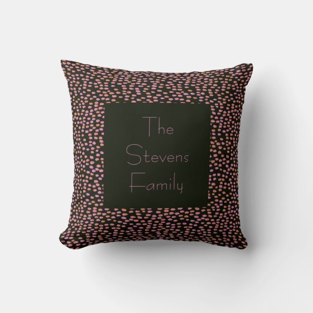 Custom Family Name Black and Pink Dotted Retro Throw Pillow (Front)