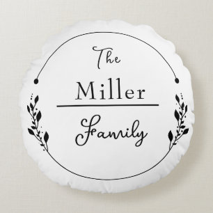 Custom Family Name Black and White Circle Design Round Pillow