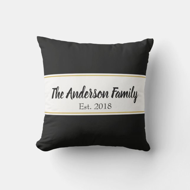Custom Family Name Black White and Faux Gold Outdoor Pillow (Front)