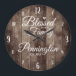 Custom Family Name Blessed to Be Wood Large Clock<br><div class="desc">Fun family clock with wood plank textured background. Family name text and est. date are all customizable. Phrase can be change but reads "blessed to be a family with custom family name and established date option.</div>