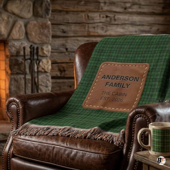 Custom Family Name Cabin Green Plaid Throw Blanket (Creator Uploaded)