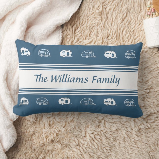 Custom Family Name Campers in Blue and White  Lumbar Pillow (Blanket)