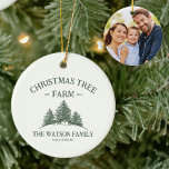 Custom Family Name Christmas Tree Farm Photo Ceramic Ornament<br><div class="desc">Decorate your tree with a personal touch this season! Our custom holiday ornament features your family name,  photo,  and a retro Christmas tree farm design in sage green. A memorable keepsake for the holidays!</div>