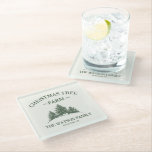 Custom Family Name Christmas Tree Farm Retro Glass Coaster<br><div class="desc">Protect your surfaces in festive style with this custom holiday coaster! Featuring your family name and a retro vintage Christmas tree farm design in sage green,  it's the perfect holiday accent for your drinks.</div>