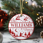 Custom Family Name Classic Christmas Keepsake Ceramic Ornament<br><div class="desc">Add a classically festive touch to your Christmas tree this year with a personalized ornament that can be passed down for generations. This fun, yet traditional, red and white design features reindeer flying above a pine filled snow-scape with a lone snowman standing guard. Personalize by adding your last name. Makes...</div>