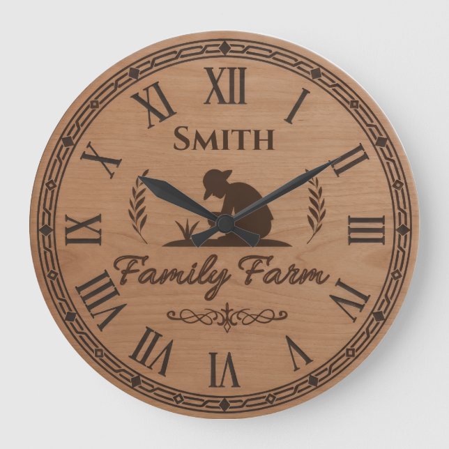 Custom Family Name Clock – Farmer Planting Scene (Front)