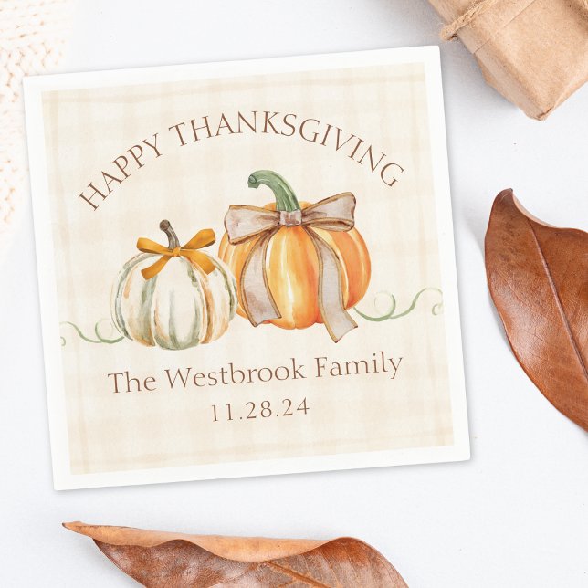 Custom Family Name Cute Pumpkin Bows Thanksgiving Napkin (Creator Uploaded)
