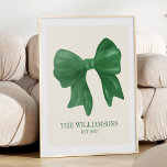Custom Family Name Est Date Coquette Green Bow  Poster<br><div class="desc">Celebrate your family’s legacy with this Custom Family Name Est Date Coquette Green Bow Poster, a charming addition to any home. Featuring a delicate green bow and elegant script, this design combines a soft, feminine touch with timeless personalization. Perfect for showcasing your family name and established date, this poster makes...</div>