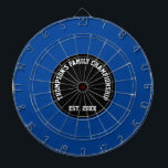 Custom Family Name Established Date Black and Blue Dartboard<br><div class="desc">Personalize your dart board with your family name and established year.
Perfect for fun family championship game nights!
The dart board is blue colour with black centre for a stylish modern look.</div>