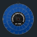 Custom Family Name Established Date Black and Blue Dartboard<br><div class="desc">Personalize your dart board with your family name and established year.
Perfect for fun family championship game nights!
The dart board is blue colour with black centre for a stylish modern look.</div>