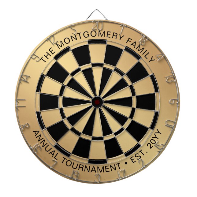 Custom Family Name Gold Black Personalized Dartboard (Front)