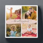 Custom Family Name Instagram Photo Collage Script Plaque<br><div class="desc">Modern Insta friendly photo grid design with space for 4 favourite photos, easy personalization for your custom family name in chic brush script on a blush pink brushstroke, this keepsake photo collage plaque is a great Holiday gift for any loved one: the modern design is an easy fit in minimal...</div>