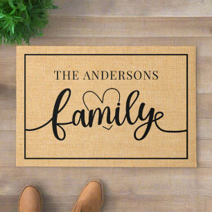 Custom Family Name l Black Script Heart Rustic Doormat