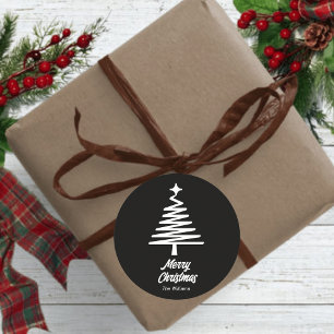 custom Family Name Merry Christmas Black White Classic Round Sticker