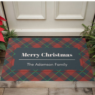 Custom Family Name Merry Christmas Green Plaid  Doormat