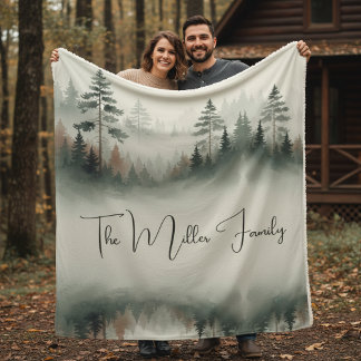 Custom Family Name - Misty Watercolor Forest Sherpa Blanket