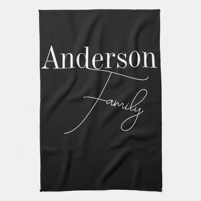 Custom Family Name Modern Black and White Kitchen Towel (Vertical)