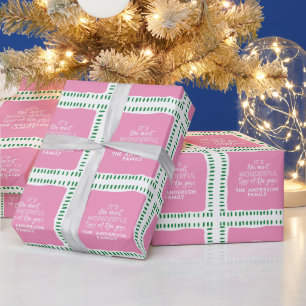 Custom Family Name Modern Pink & Green Christmas Wrapping Paper