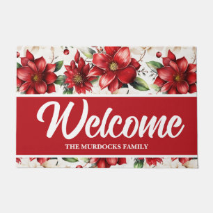 Custom Family Name Monogram Red Floral Christmas Doormat