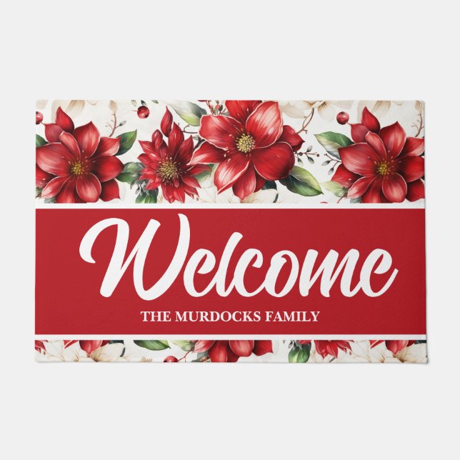 Custom Family Name Monogram Red Floral Christmas Doormat (Front)