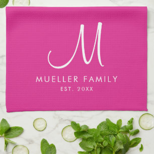 Custom Family Name Monogram Template Trendy Pink Kitchen Towel
