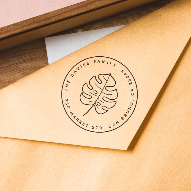 Custom Family Name & Monstera Leaf Return Address Rubber Stamp (Stamp Mock-up)