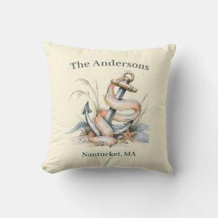 Custom Family Name Nautical Anchor Watercolor Throw Pillow