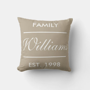 Custom Family Name On Beige Throw Pillow