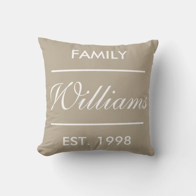 Custom Family Name On Beige Throw Pillow (Front)