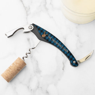 Custom Family Name On Black Blue Plaid Pattern Corkscrew