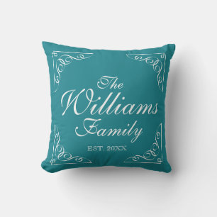 Custom family name outdoor aquamarine throw pillow