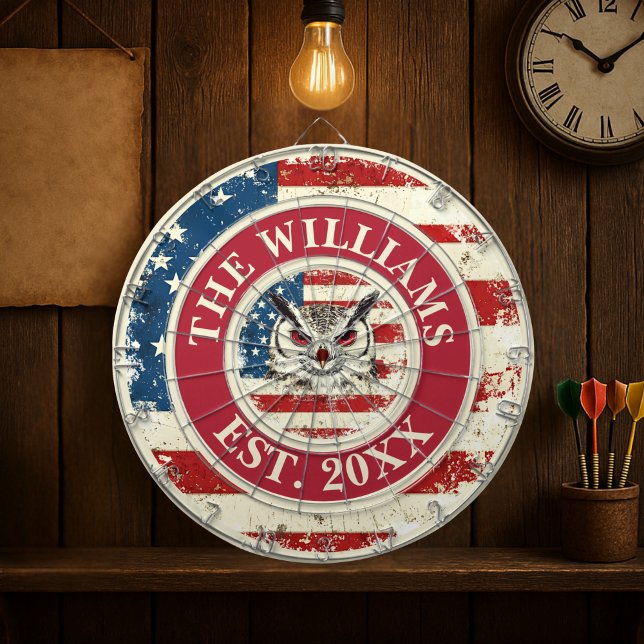 Custom Family Name Owl Rustic US Flag 4th Of July Dartboard (Custom Family Name Owl Rustic US Flag 4th Of July Dart Board)