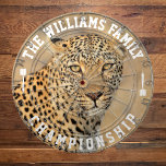Custom Family Name Personalized Leopard Photo Dartboard<br><div class="desc">Add your family name,  and easily create your personalized family name dartboard. Click the PERSONALIZE button to change the text colour.</div>