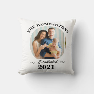 Custom family name, photo and year established  throw pillow