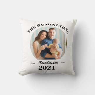 Custom family name, photo and year established  throw pillow