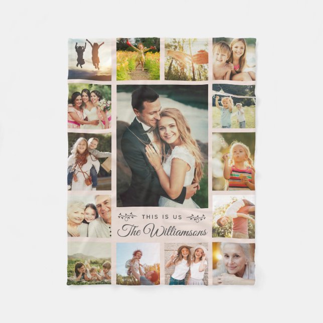 Custom Family Name Photo Collage Modern Blush Pink Fleece Blanket (Front)